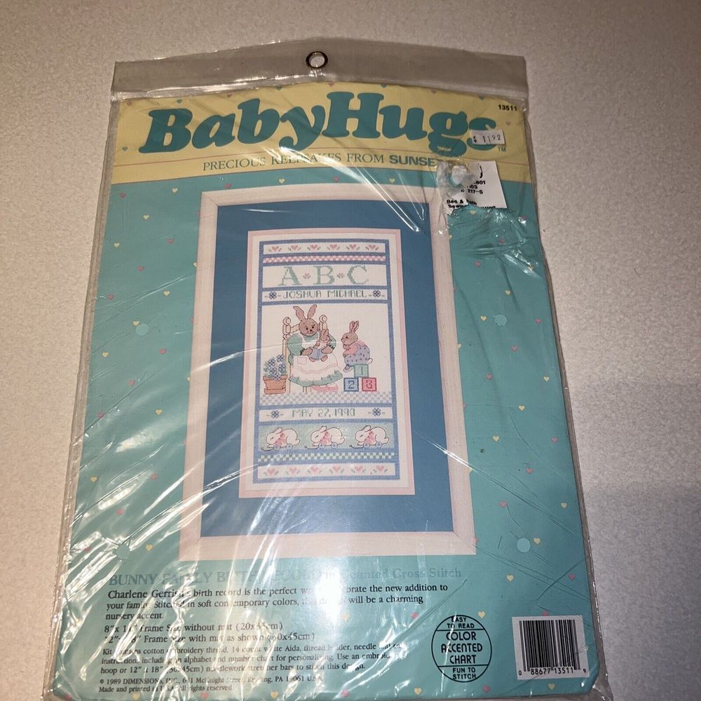Dimensions Sunset Baby Hugs Bunny Family Birth‎ Record Counted Cross Stitch Kit